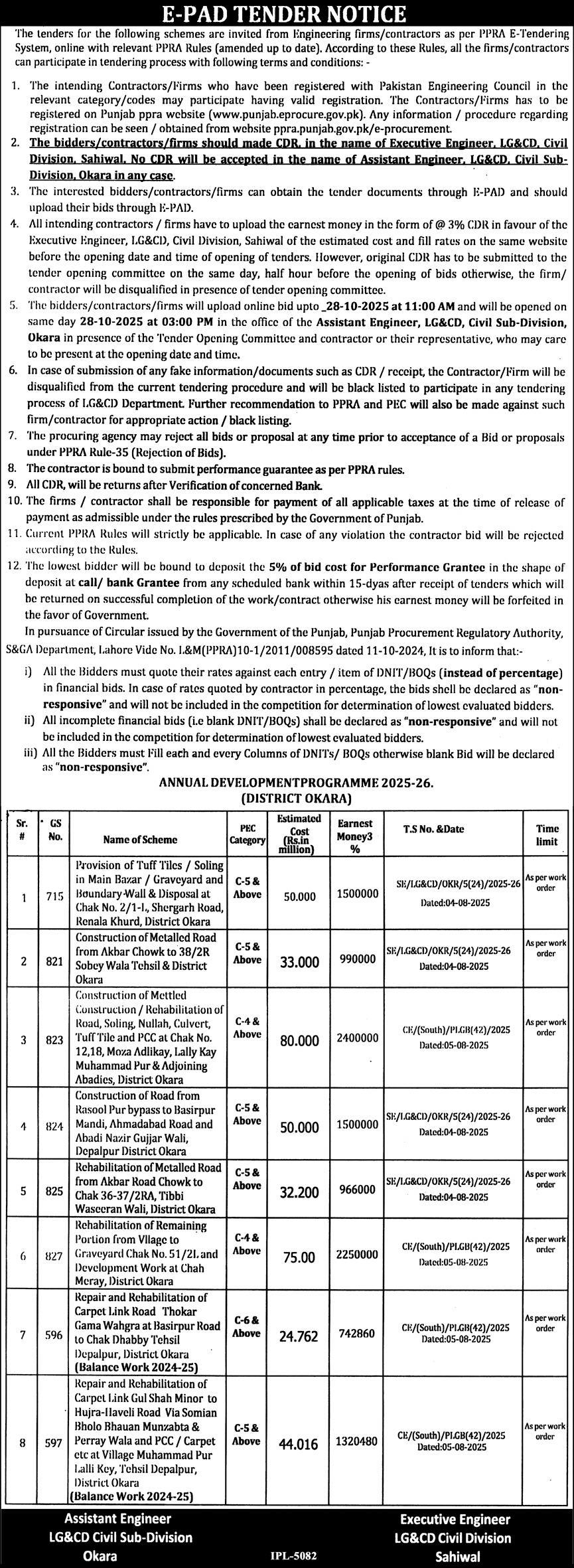LG&DC Civil Division Sahiwal, Okara Tender Notice